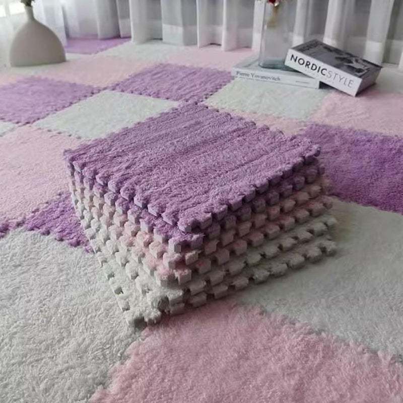 Typutomi 12pcs Plush Puzzle Foam Floor Mat, Cute Soft Fluffy Interlocking Square Foam Tiles Area Rugs Carpet for Parlor Bedroom Decoration(11.8x11.8x0.4in, Pink&White&Light Purple) - Image 1
